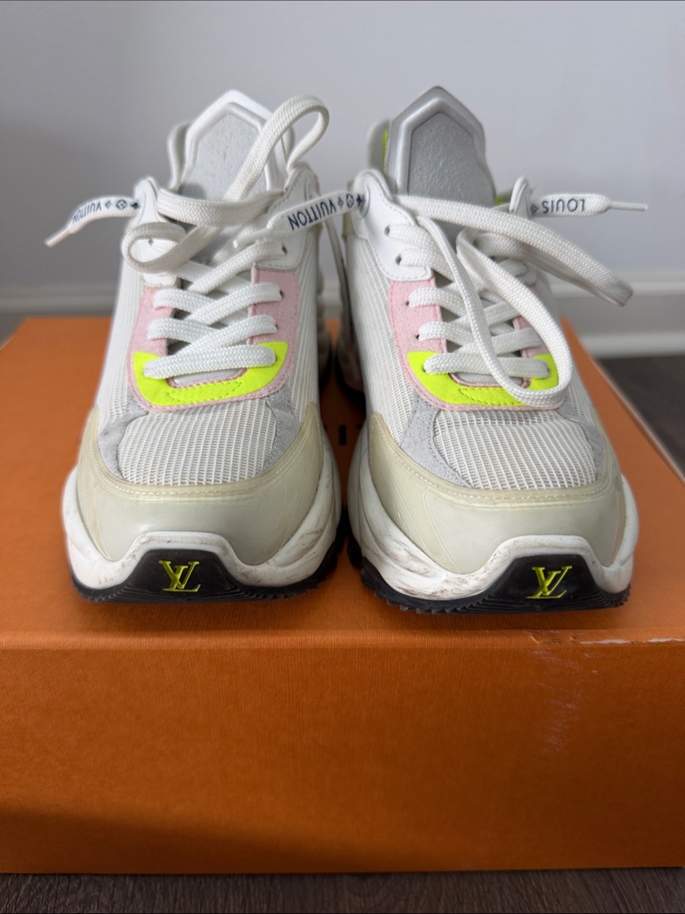 Louis Vuitton White Sneakers with Pink and Neon Yellow Accents